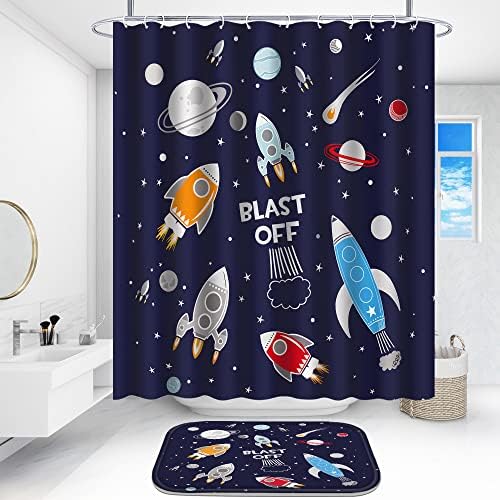 Poedist 4Pcs Cosmic Space Shower Curtain Set with Rugs and Hooks