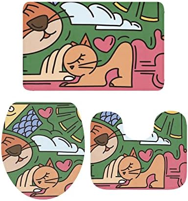 U-Shape Bathroom Mat Set Toilet Cover Abstract Cartoon Non-Slip Machine Washable