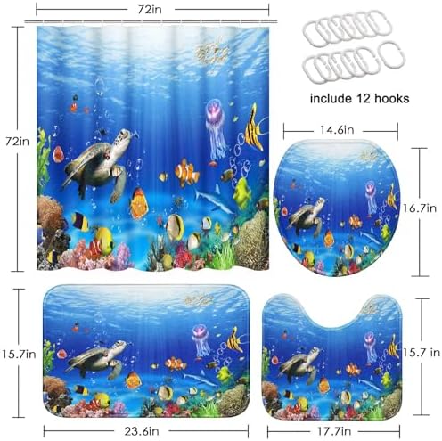 Tropical Fish Shower Curtain Set with 4 Pcs and 12 Hooks