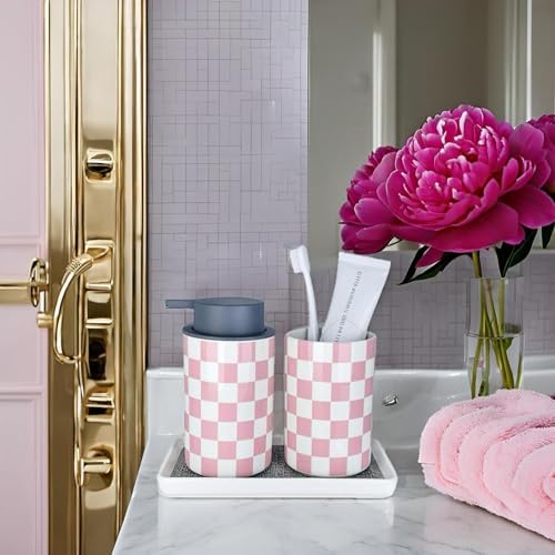 Pink Checkered Ceramic Bathroom Accessory Set 1