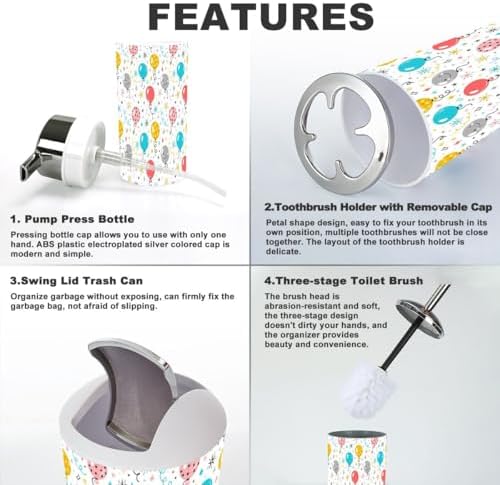 6 Piece Festive Bathroom Accessory Set with Cute Balloons Stars Doodles