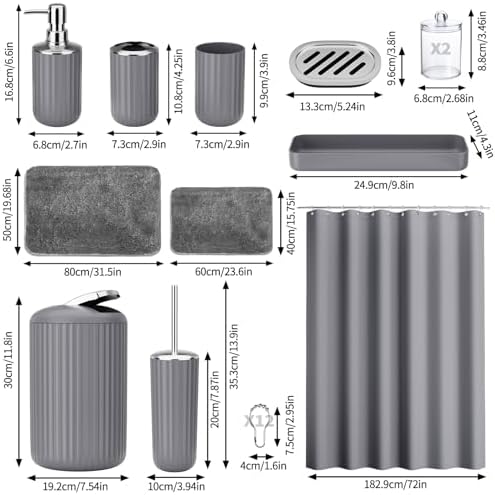 24PCS Gray Bathroom Accessory Set with Shower Curtain Rugs