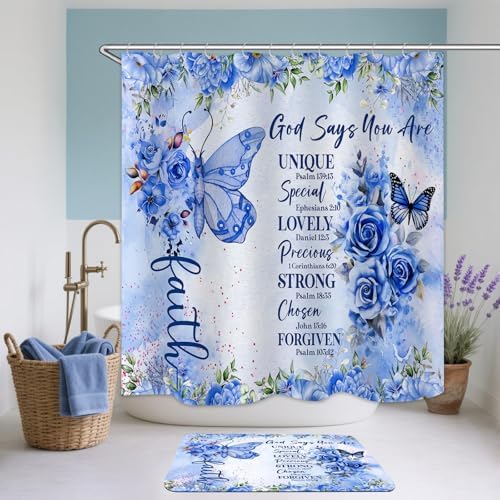 EMHOMEBlue Butterfly Inspirational Quotes 4-Piece Bathroom Set with Rugs Cover Mat