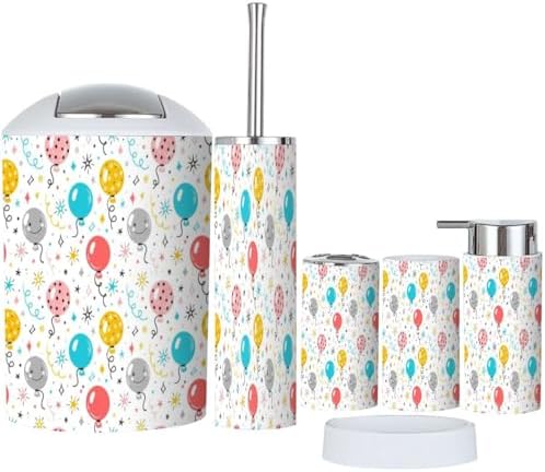 6 Piece Festive Bathroom Accessory Set with Cute Balloons Stars Doodles