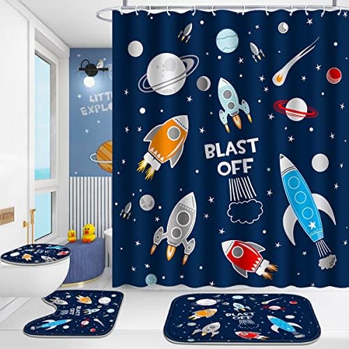 Poedist 4Pcs Cosmic Space Shower Curtain Set with Rugs and Hooks