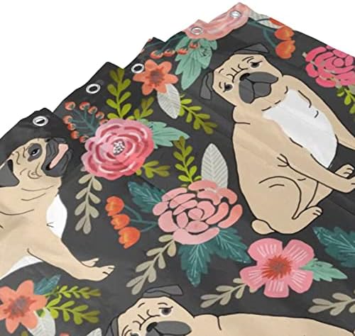 Xoeiran Farmhouse Florals Pug Dogs Shower Curtain 72x72 Inch