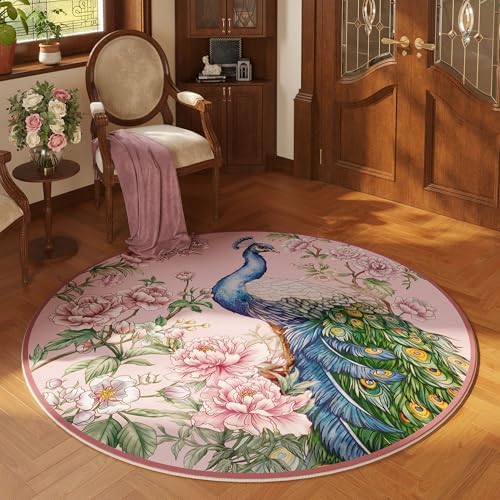 Vowkten 4ft Round Washable Rug Peacock Pattern Non-Slip