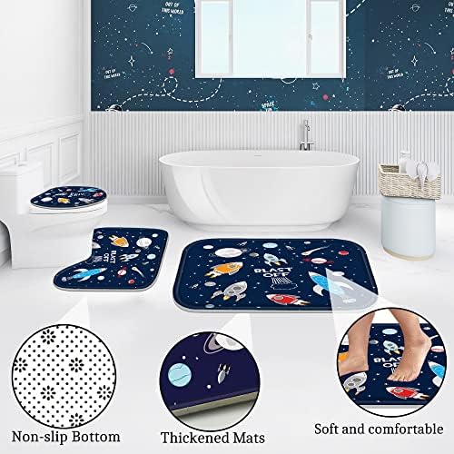 Poedist 4Pcs Cosmic Space Shower Curtain Set with Rugs and Hooks