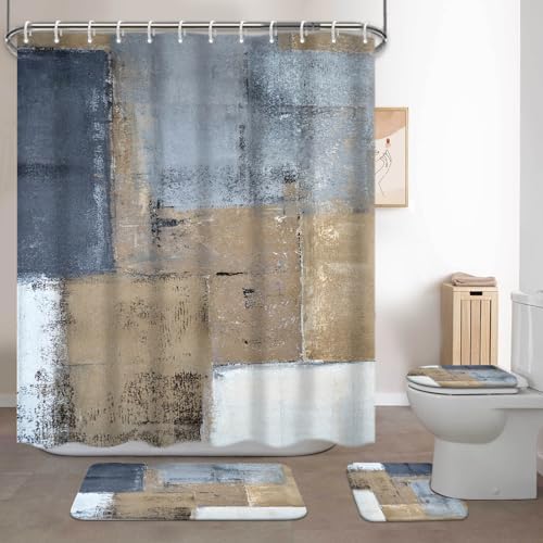 Lnond 4Pcs Bathroom Accessory Set with Shower Curtain and Rugs