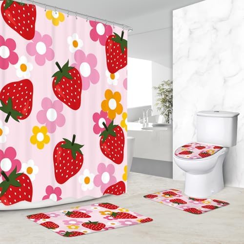 Kalmico 4PC Cute Strawberry Fruit Bathroom Set Y2K Pink Groovy