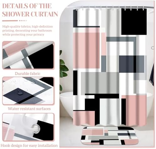 4-Piece Pink Geometric Bathroom Set with Shower Curtain and Rugs
