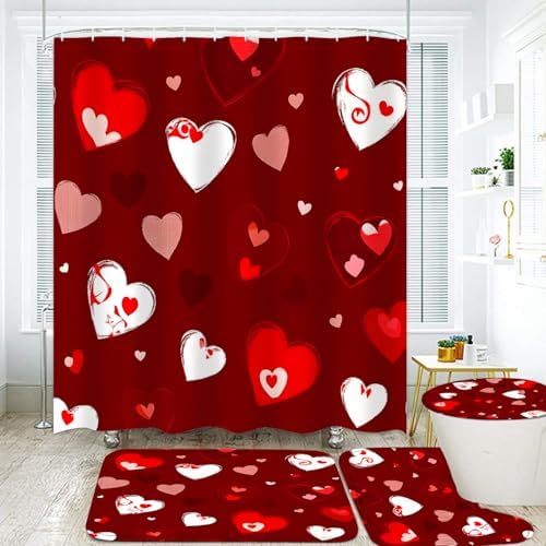 4 Pcs Red Heart Shower Curtain Set with Rugs and Hooks