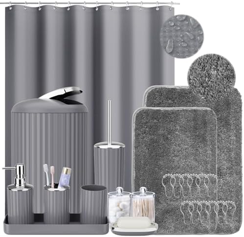 24PCS Gray Bathroom Accessory Set with Shower Curtain Rugs