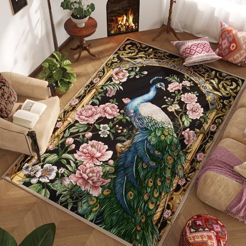 4 Ft Washable Peacock Rug Non-Slip for Home
