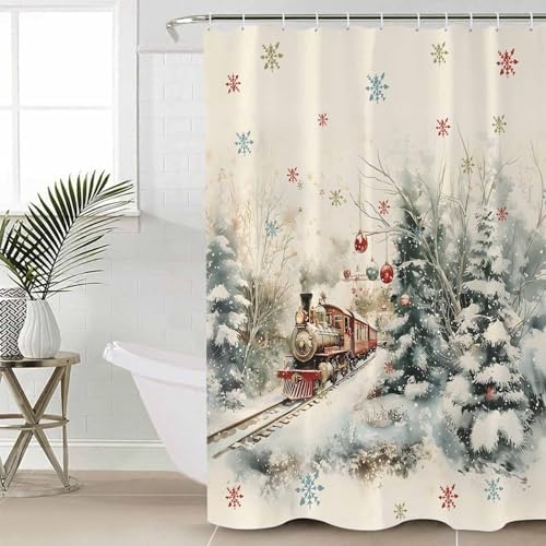 4PC Christmas Train Forest Shower Curtain Set with Non-Slip Rugs