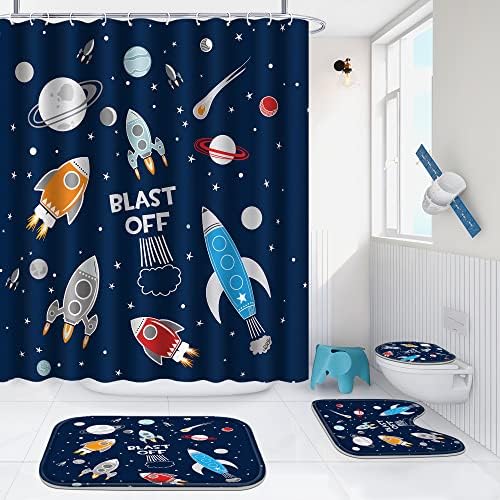 Poedist 4Pcs Cosmic Space Shower Curtain Set with Rugs and Hooks