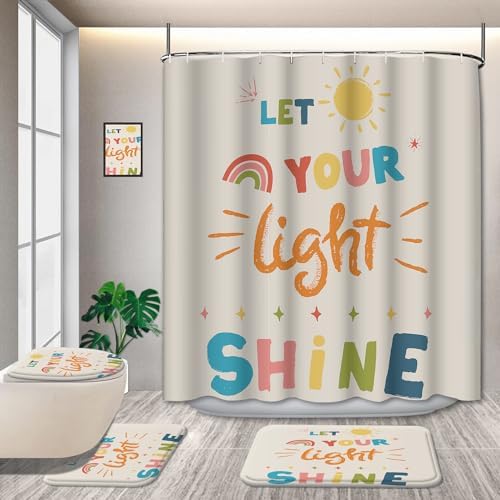 4PCS Non-Slip Kids Bathroom Shower Curtain Set with Quotes