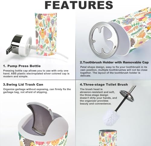 JBNJANKDAV 6-Piece Seamless Patterned Bathroom Accessories Set with Fox Owl Design