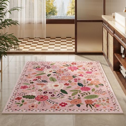Washable 4x6 Boho Non-Slip Soft Area Rug Pink Living Room