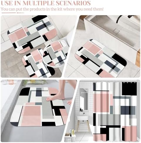 4-Piece Pink Geometric Bathroom Set with Shower Curtain and Rugs