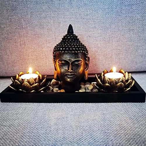 Buddha Head Sculpture Lotus Flower Tealight Candle Holders Zen Garden Set