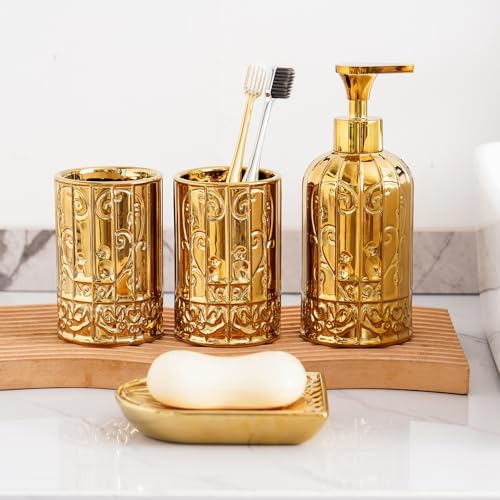 Gold Bathroom Accessory Set with Ceramic Birdcage Design