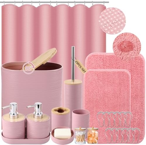 Bathroom Set - Pink Bathroom Accessories Set with Shower Curtain and Rugs