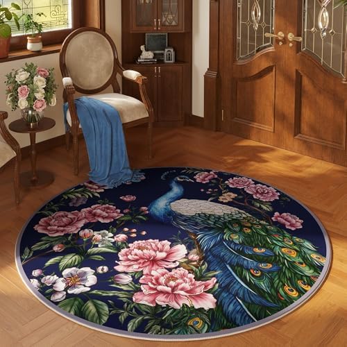 Vowkten Round Rug 4ft Cobalt Blue Washable