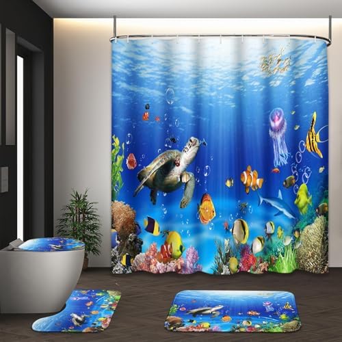 Tropical Fish Shower Curtain Set with 4 Pcs and 12 Hooks
