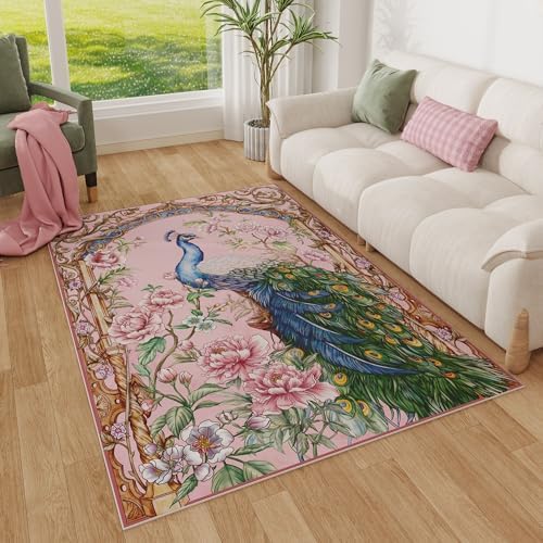 Vowkten 4ft Round Washable Rug Peacock Pattern Non-Slip