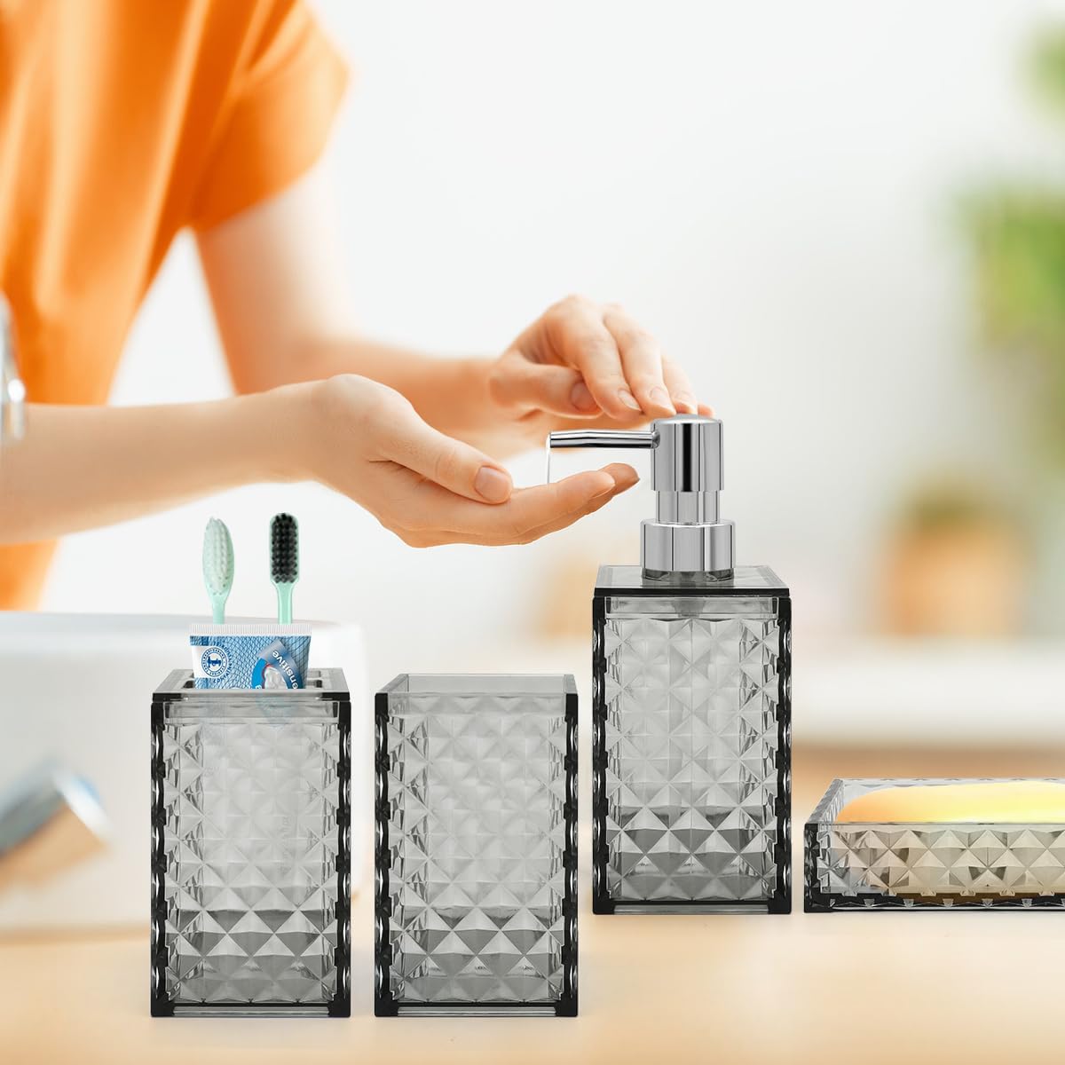 Bathroom Accessory Set 4 Pcs Diamond Pattern Grey
