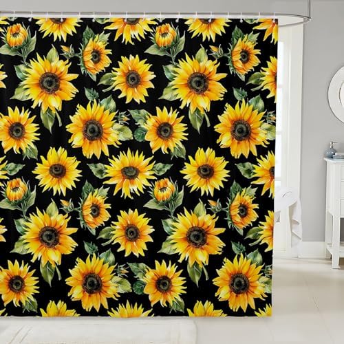 Feelyou Black Sunflowers Bath Curtain Yellow Floral Botanical 72x72