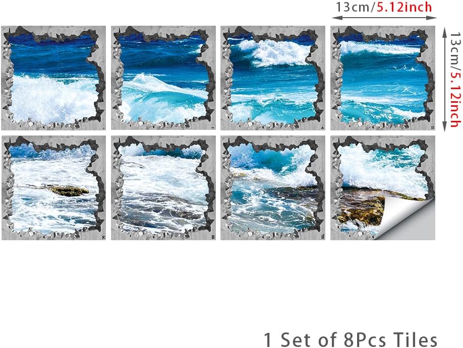 Non Slip Bathtub Stickers Square Blue Sea Waves 8pcs