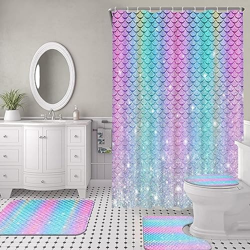 Alishomtll 4-Piece Mermaid Rainbow Kids Bathroom Set with Glitter