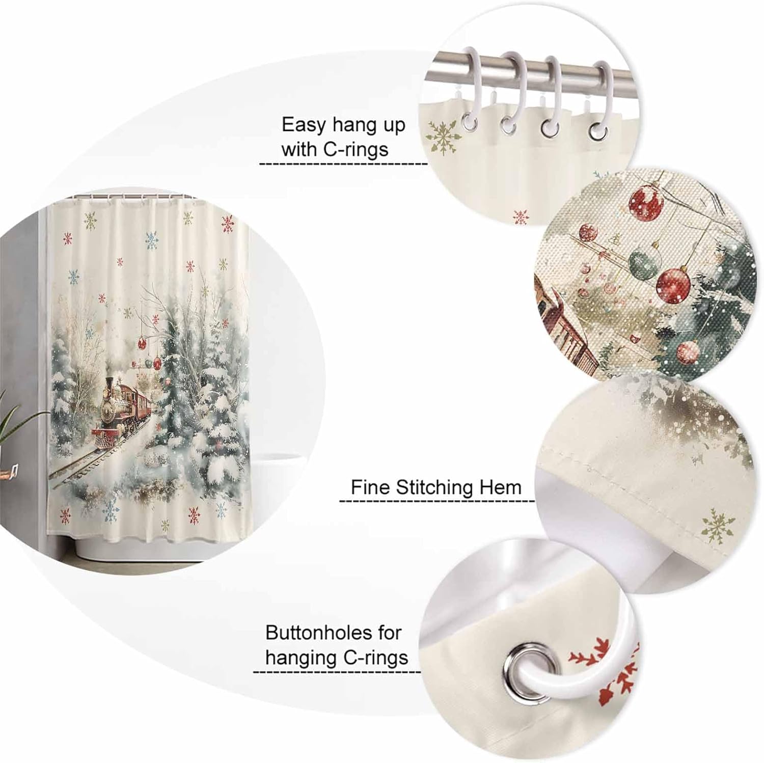 4PC Christmas Train Forest Shower Curtain Set with Non-Slip Rugs