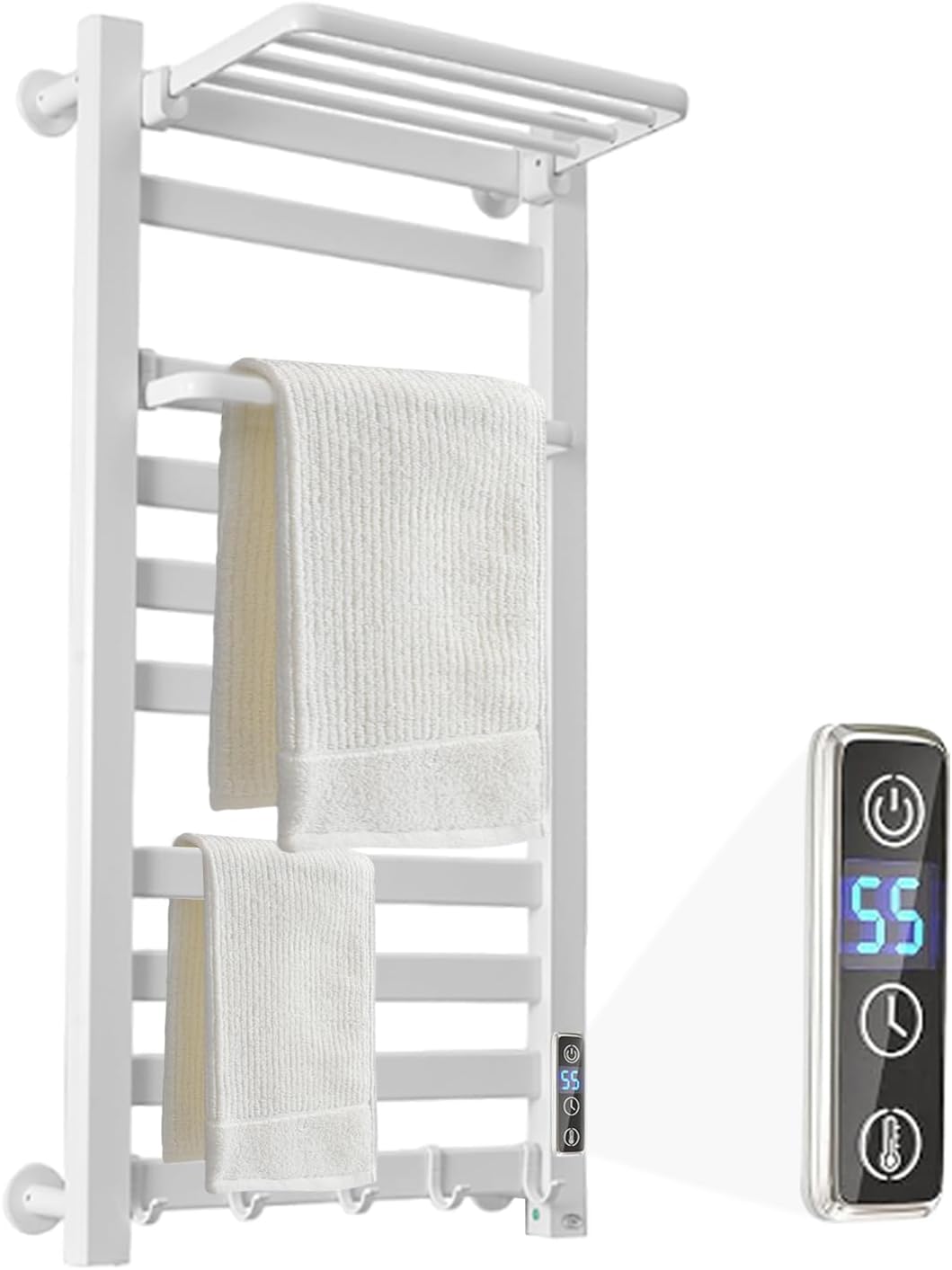 Heated Towel Rack with Shelf and Timer for Bathroom White