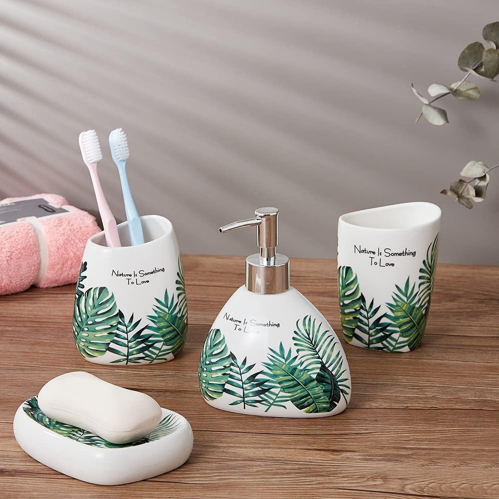 Elegant Bath Accessory Set Tropical Leaves Design