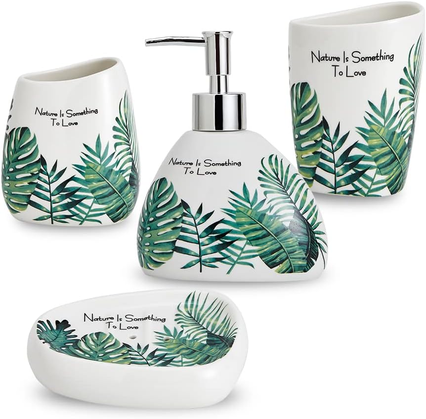 Elegant Bath Accessory Set Tropical Leaves Design