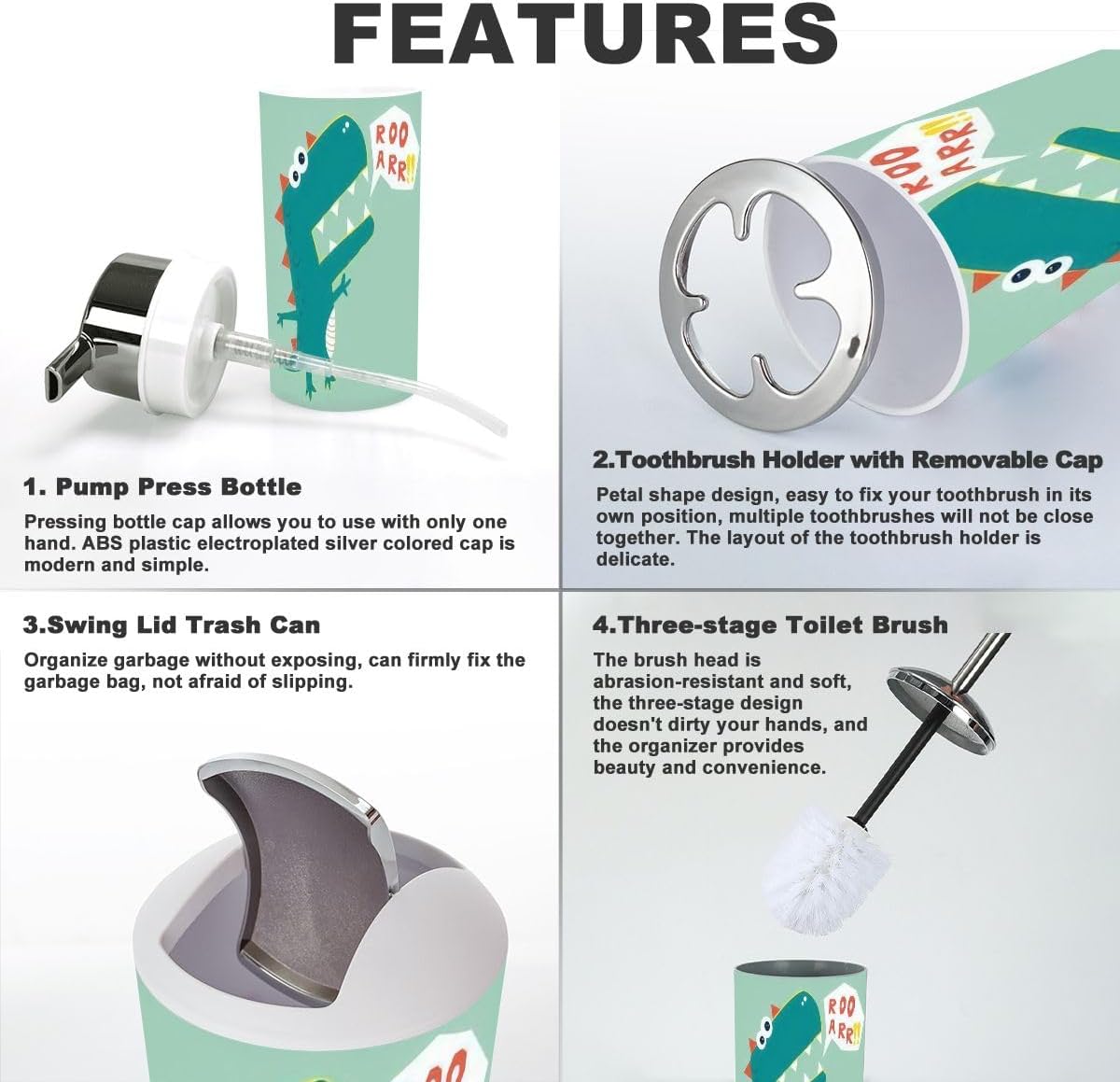 JBNJANKDAV Dinosaur-Themed 6-Piece Bath Accessories Set for Kids