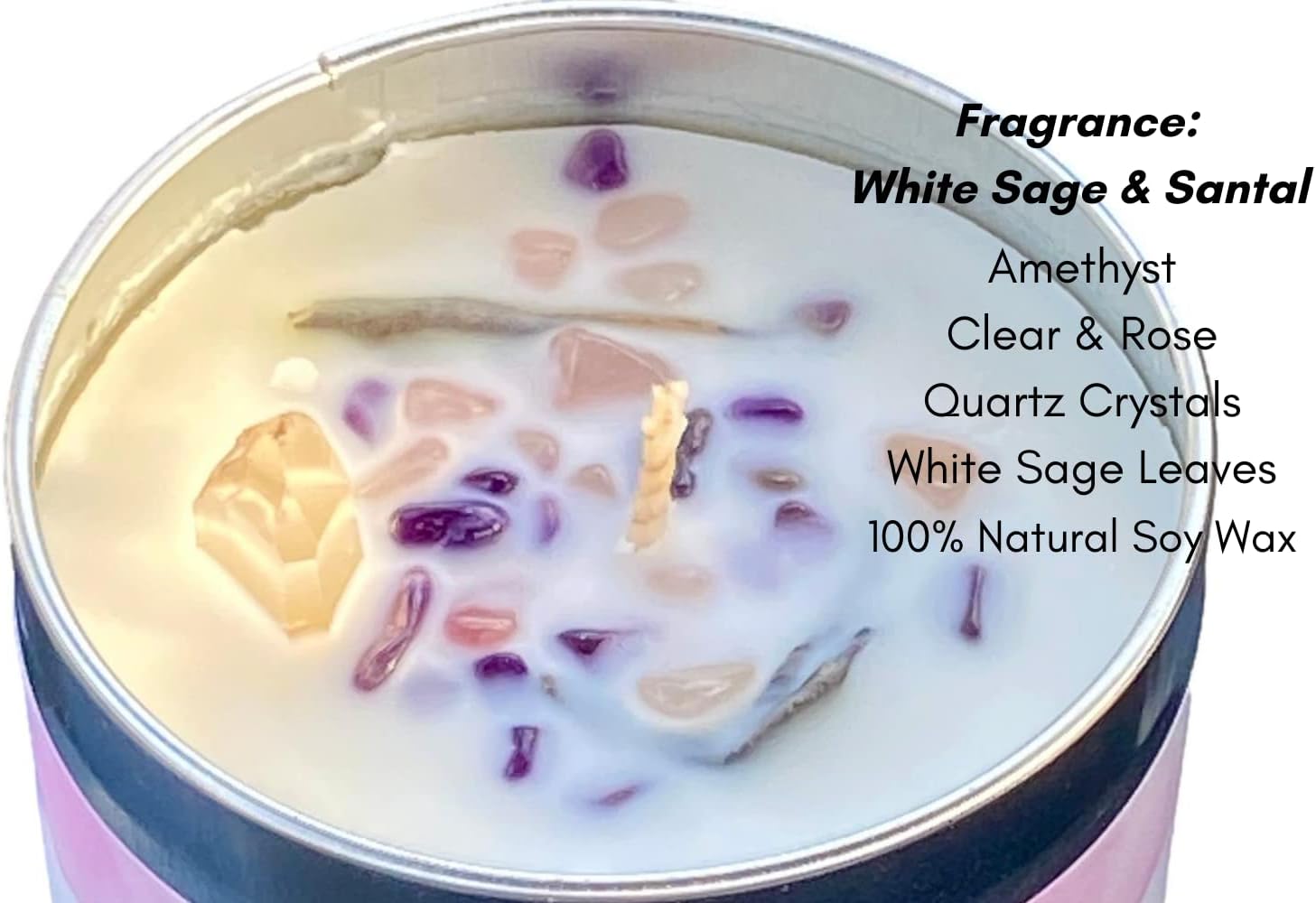 White Sage Candle with Rose Clear Quartz Crystals