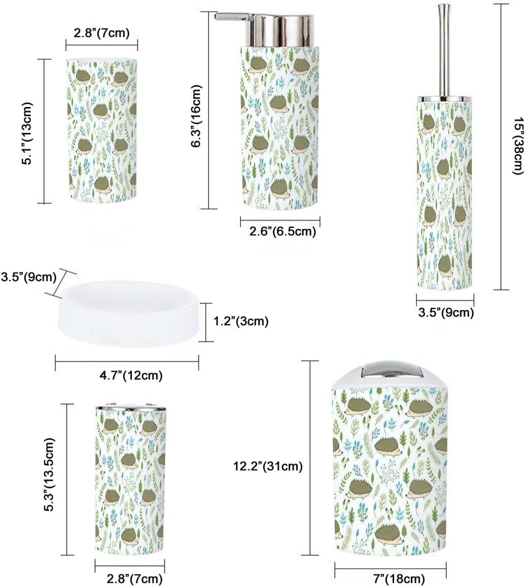 Bathroom Accessories Set 6 Pieces Cute Hedgehogs Floral Design