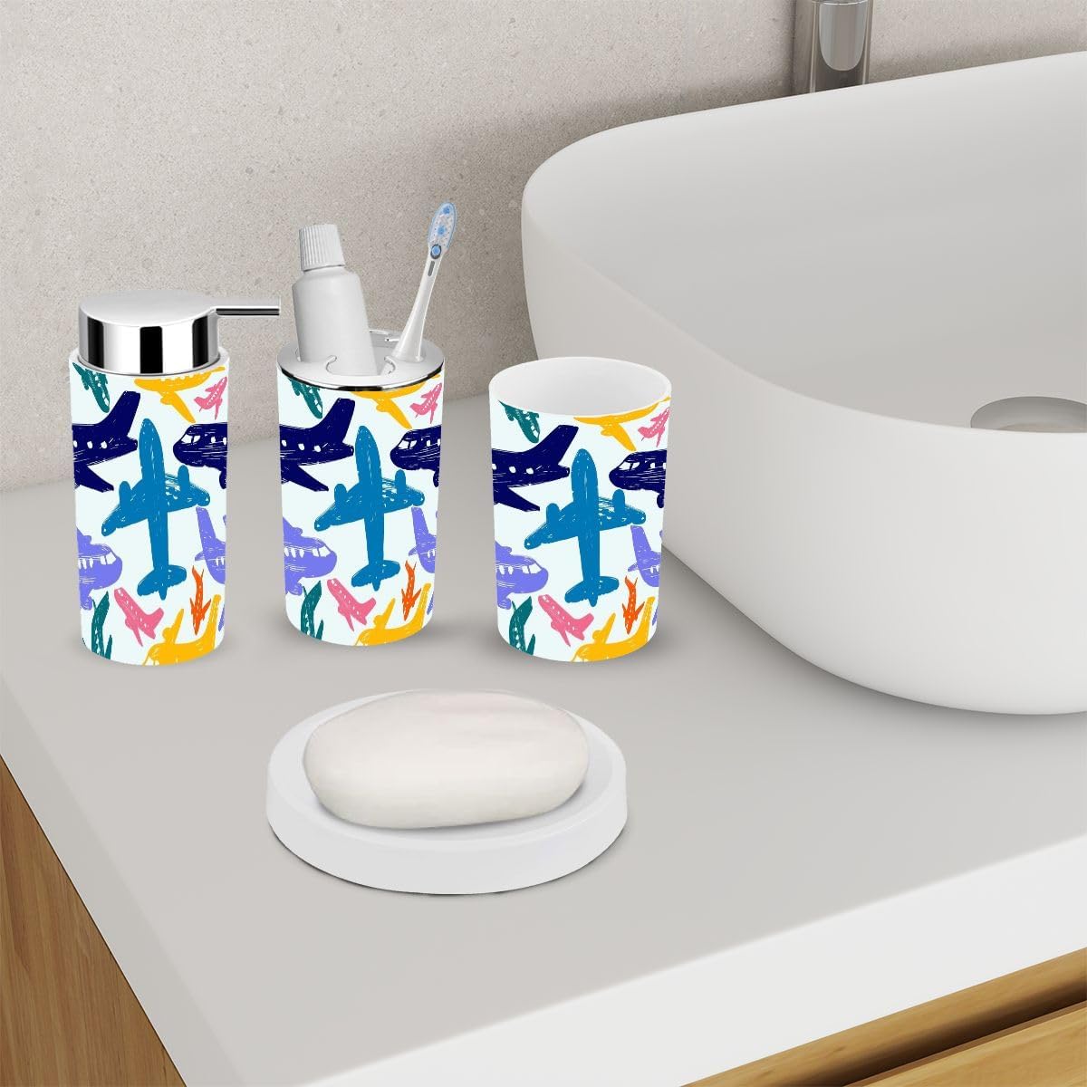 6 Piece Kids Bathroom Accessory Set with Airplane Pattern