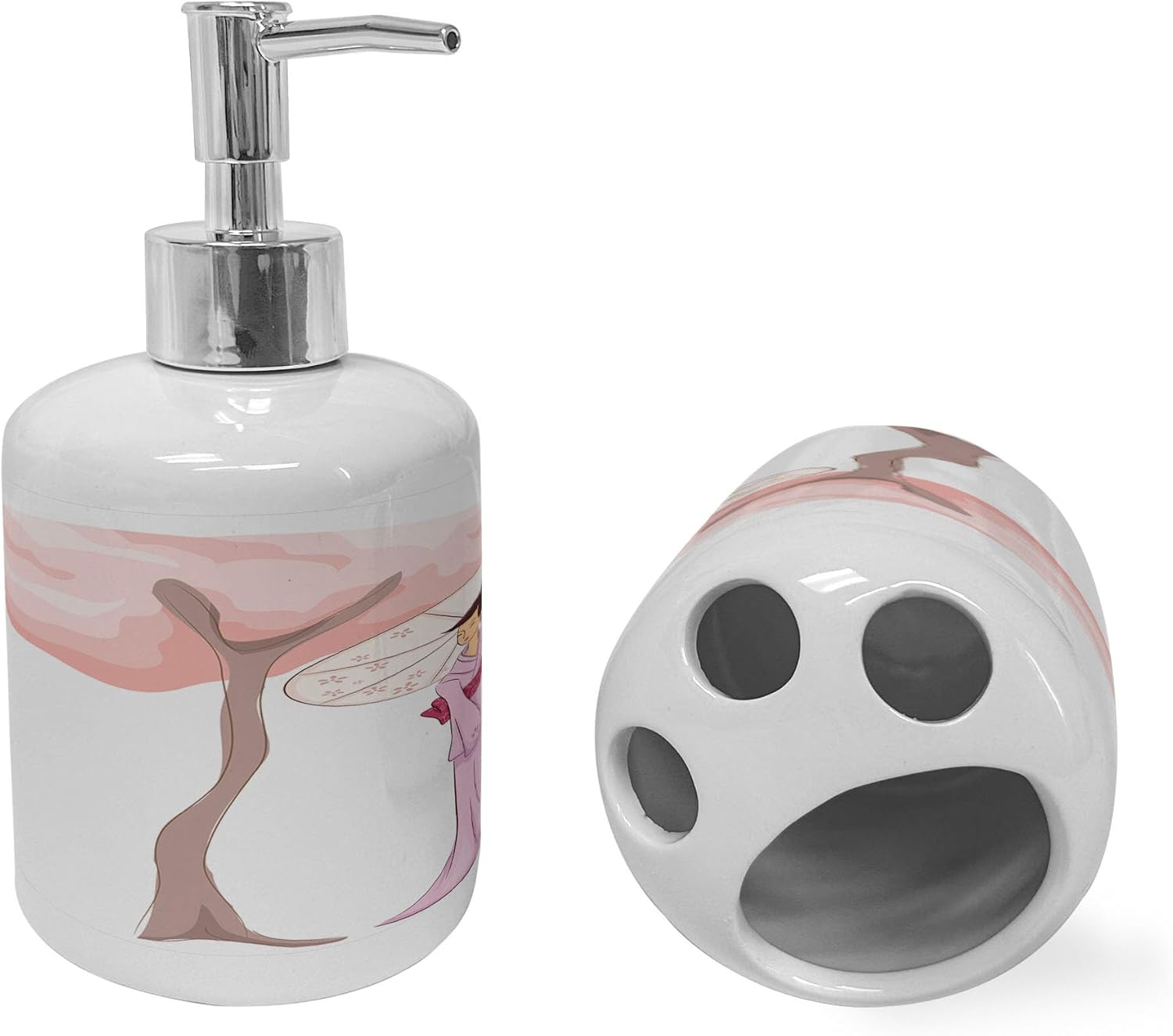 Umbrella Girl Soap Dispenser Toothbrush Holder Set Polish Pink