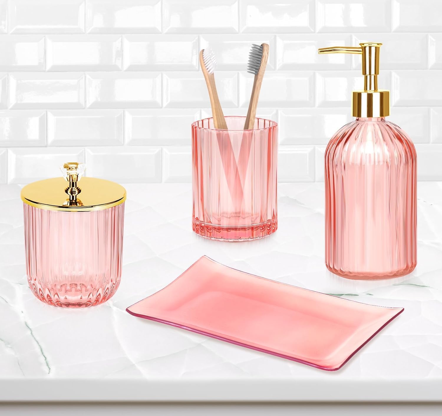 Haturi Pink Bathroom Set 4 Pcs with Gold Decor