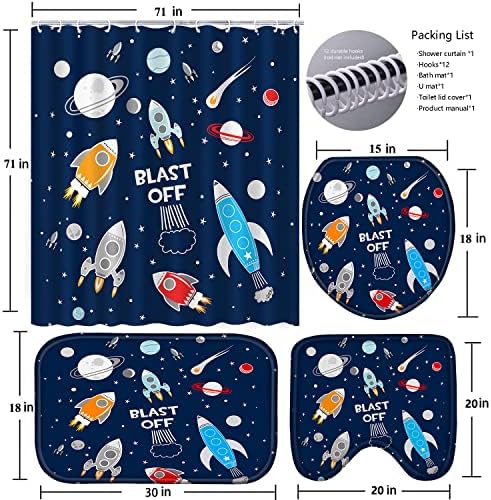 Poedist 4Pcs Cosmic Space Shower Curtain Set with Rugs and Hooks