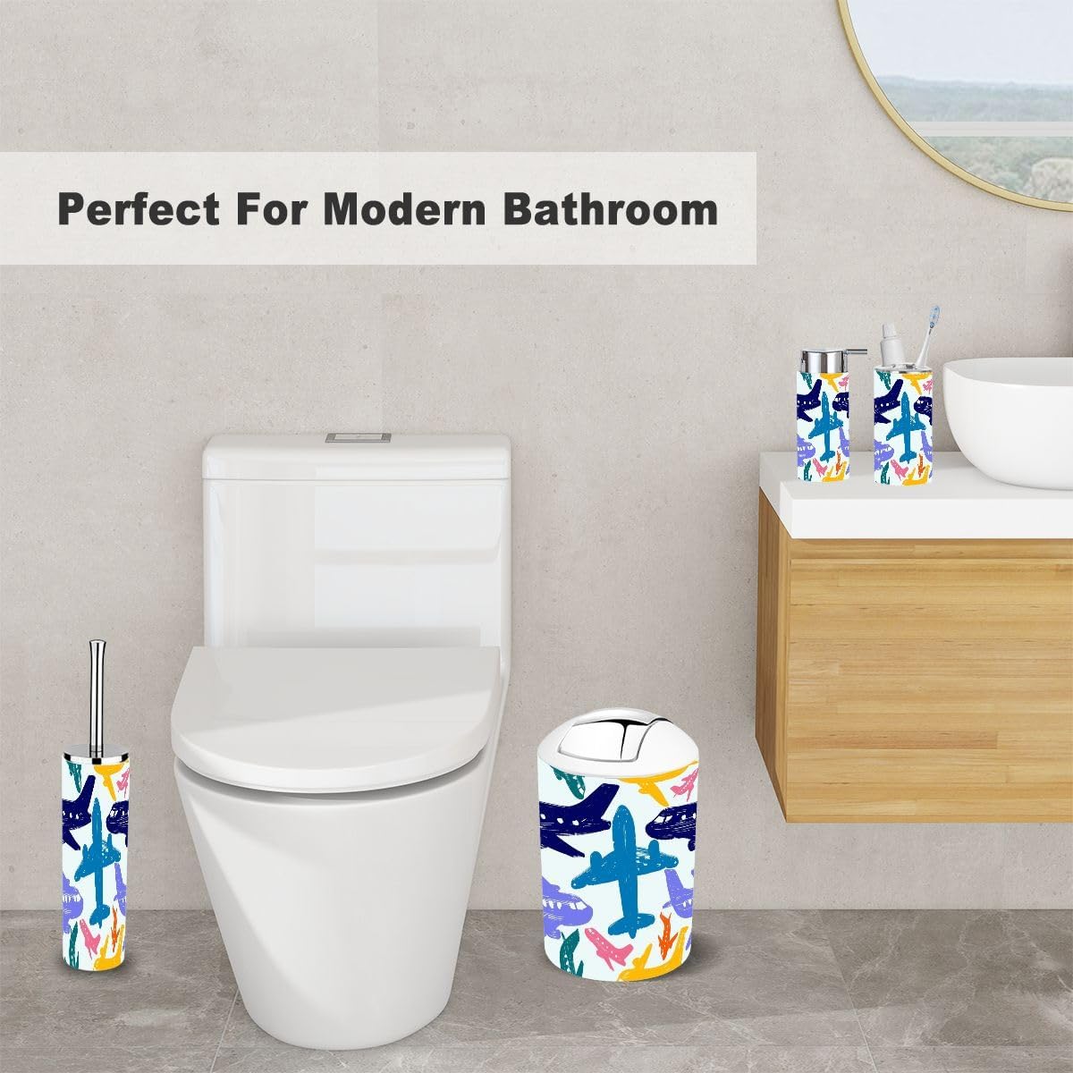 6 Piece Kids Bathroom Accessory Set with Airplane Pattern