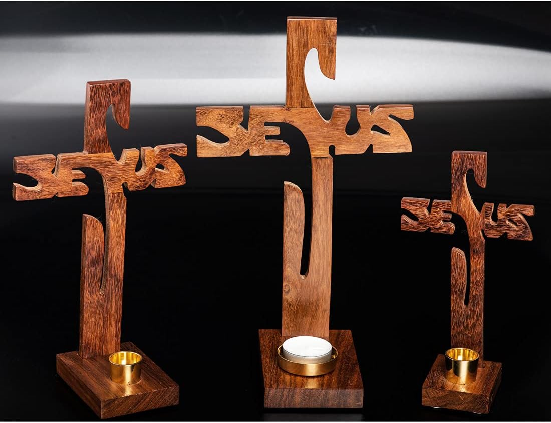 NKlaus Wood Standing Cross with Jesus Carving 19cm Height