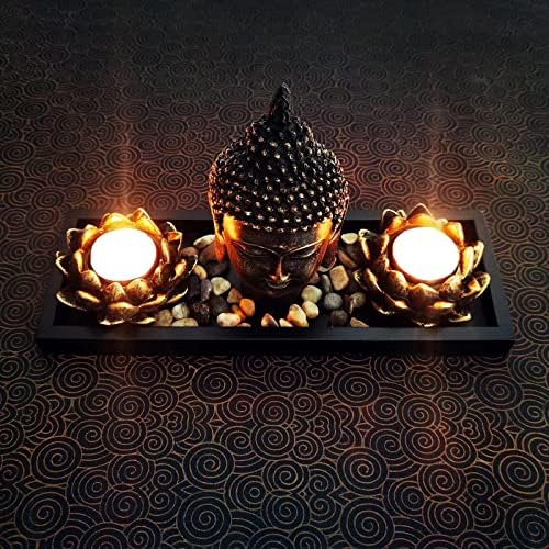Buddha Head Sculpture Lotus Flower Tealight Candle Holders Zen Garden Set