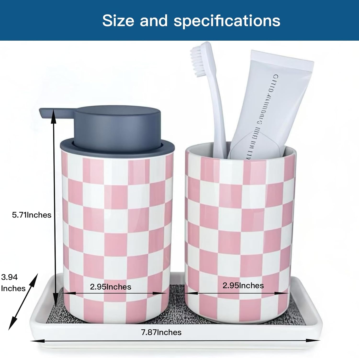 Pink Checkered Ceramic Bathroom Accessory Set 1