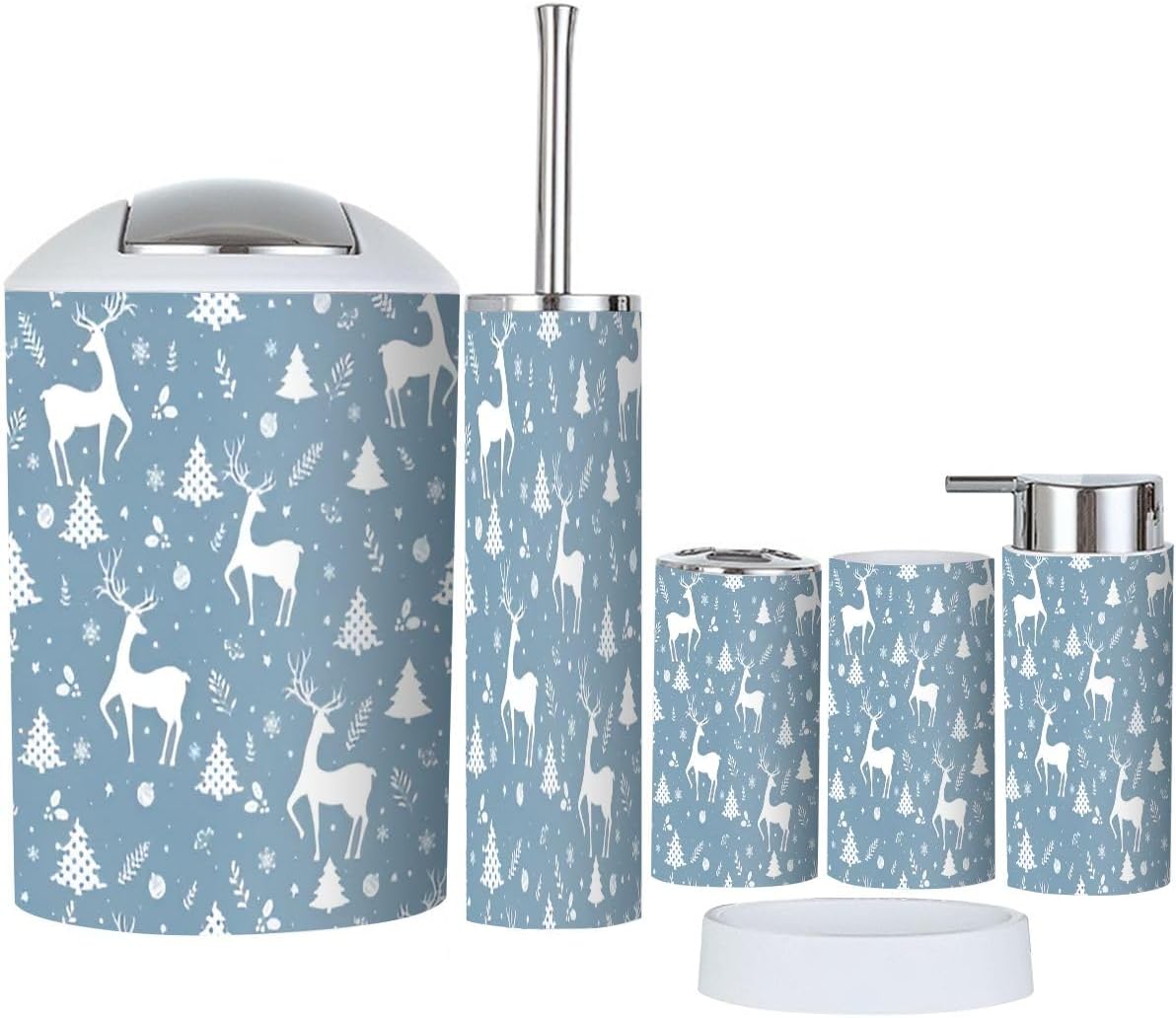 6 Piece Bathroom Accessory Set with Deer Christmas Pattern